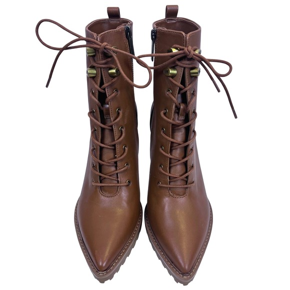 NWOB: Michael Kors 8.5M Brown Leather Lace Up Heeled Lug Sole Ankle Boots (B577) - Picture 3 of 9
